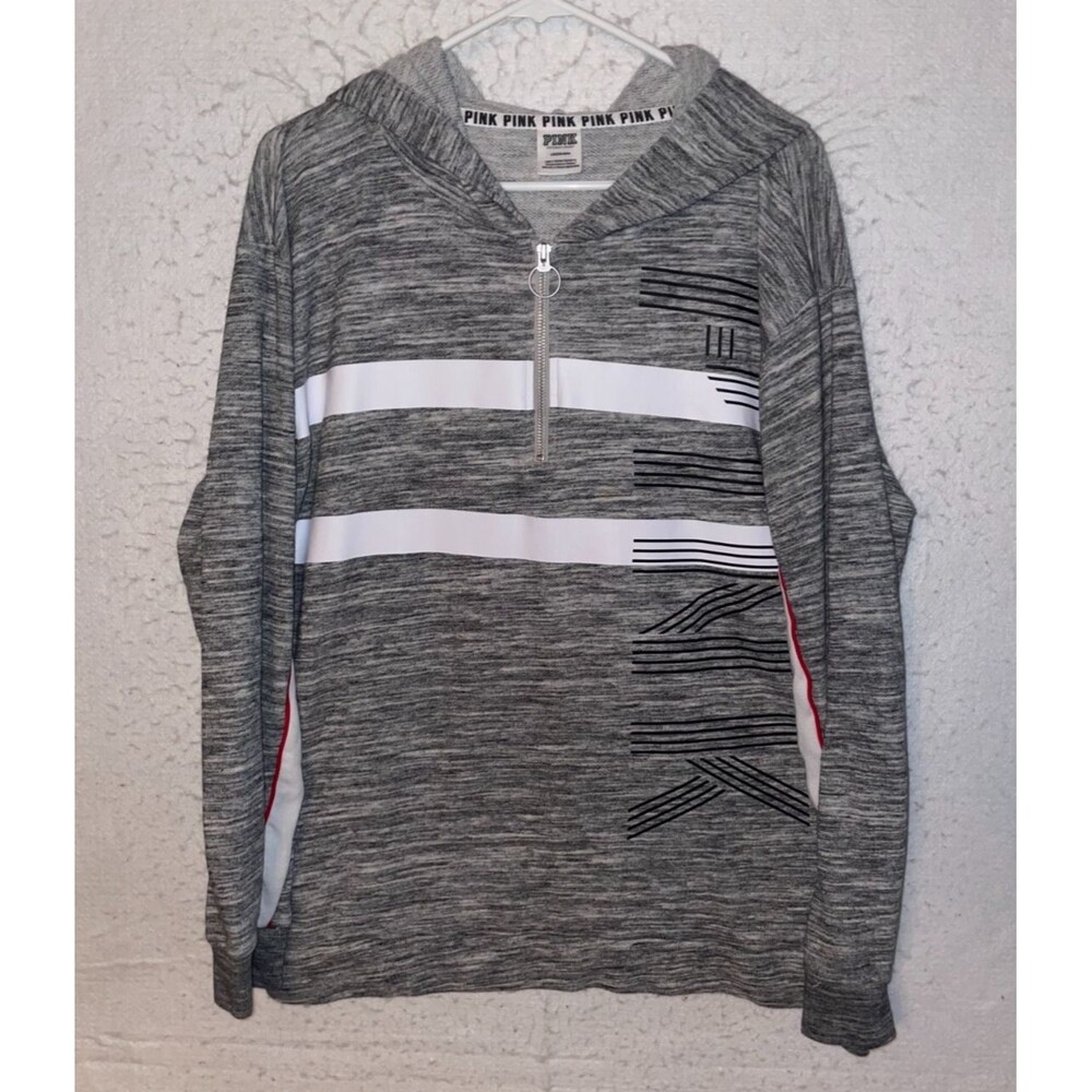 Victoria's Secret PINK Heather Gray 1/4 Zip Hoodie sz L Striped